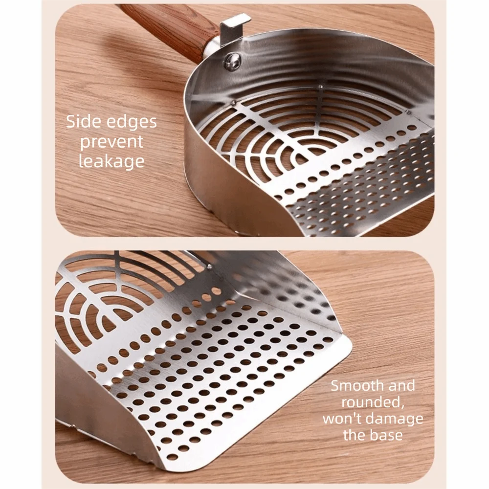 Pelle à litière pour chat en acier inoxydable avec manche bois ergonomique "Main Propre"
