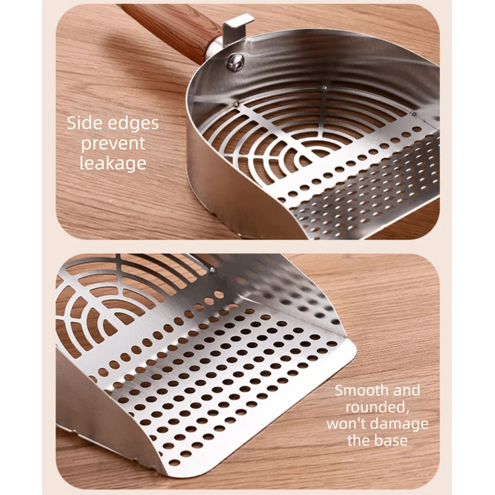 Pelle à litière pour chat en acier inoxydable avec manche bois ergonomique "Main Propre"