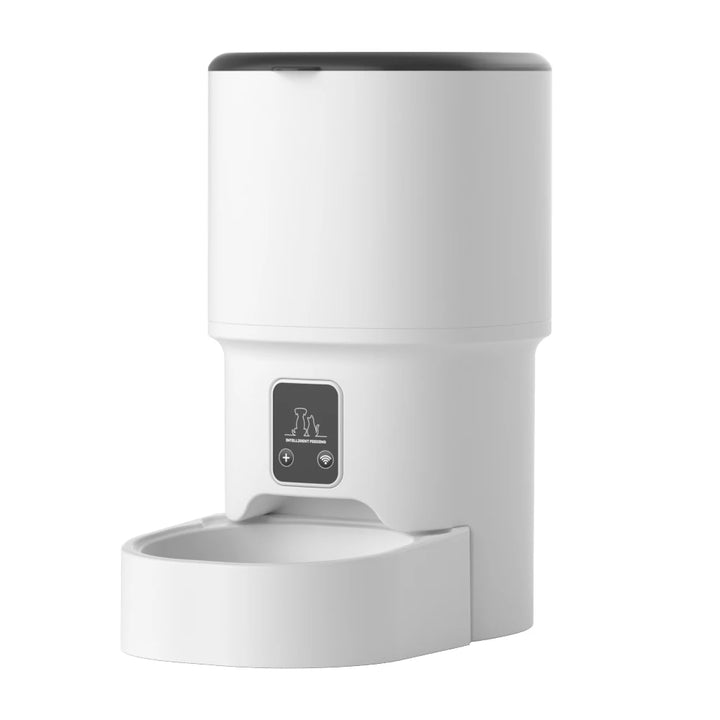 Distributeur automatique d'eau intelligent pour animaux, couleur blanche, avec bouton de contrôle et design moderne.