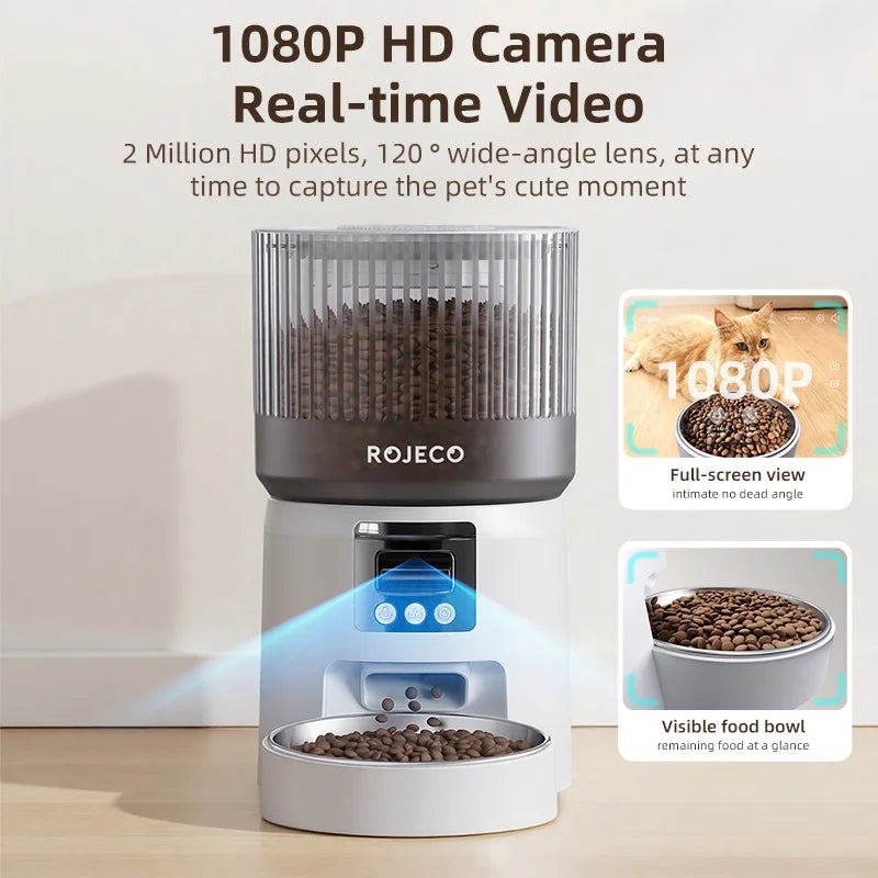 Caméra HD 1080P pour animaux, avec objectif grand angle, réservoir visible et distributeur de nourriture.