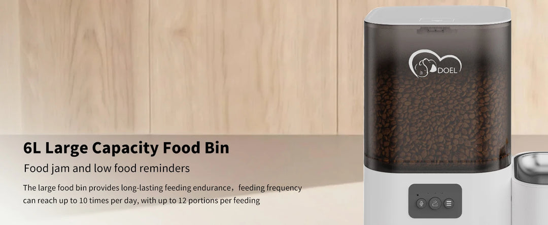 Distributeur de nourriture pour animaux de 6L, gris, avec rappels de nourriture et 12 portions par repas.