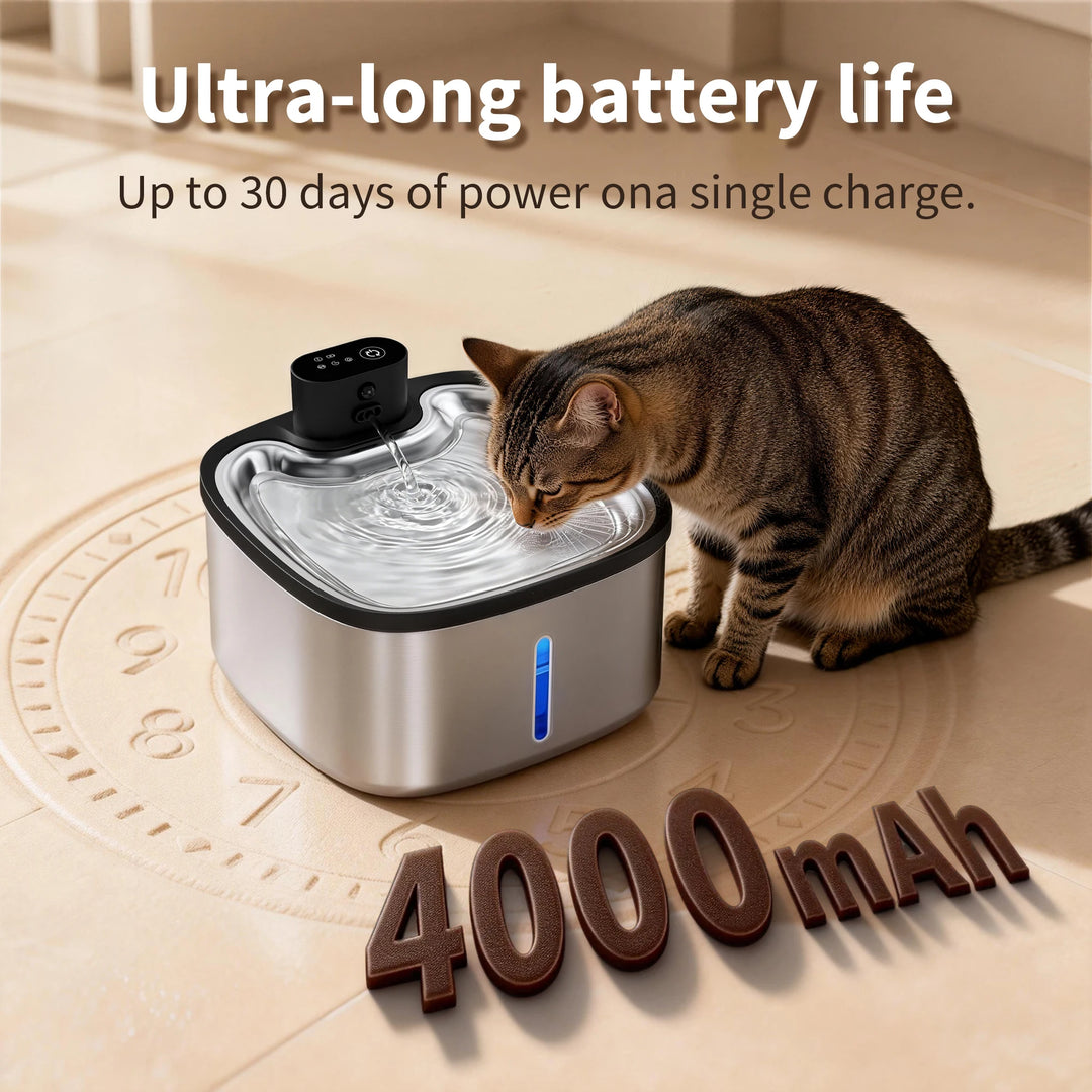 Fontaine pour chat en acier inoxydable, autonomie de 30 jours, 4000mAh, design élégant avec eau en mouvement.