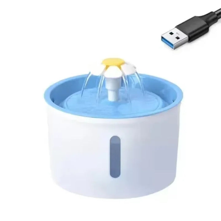 Fontaine à eau USB, design rond, blanc avec éléments bleus et jaunes, idéale pour animaux de compagnie.