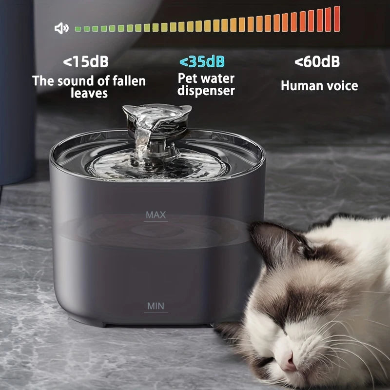Distributeur d'eau pour animaux silencieux, couleur gris, design moderne, niveau sonore <35dB.