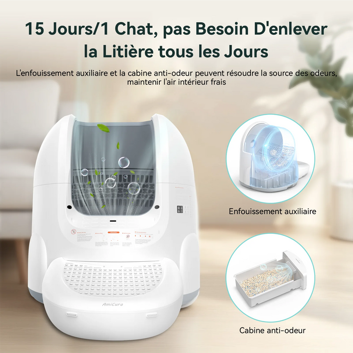 Bac à litière autonettoyant connecté 65L – Amicura Cura 2 – Modèle "SmartClean Elite"