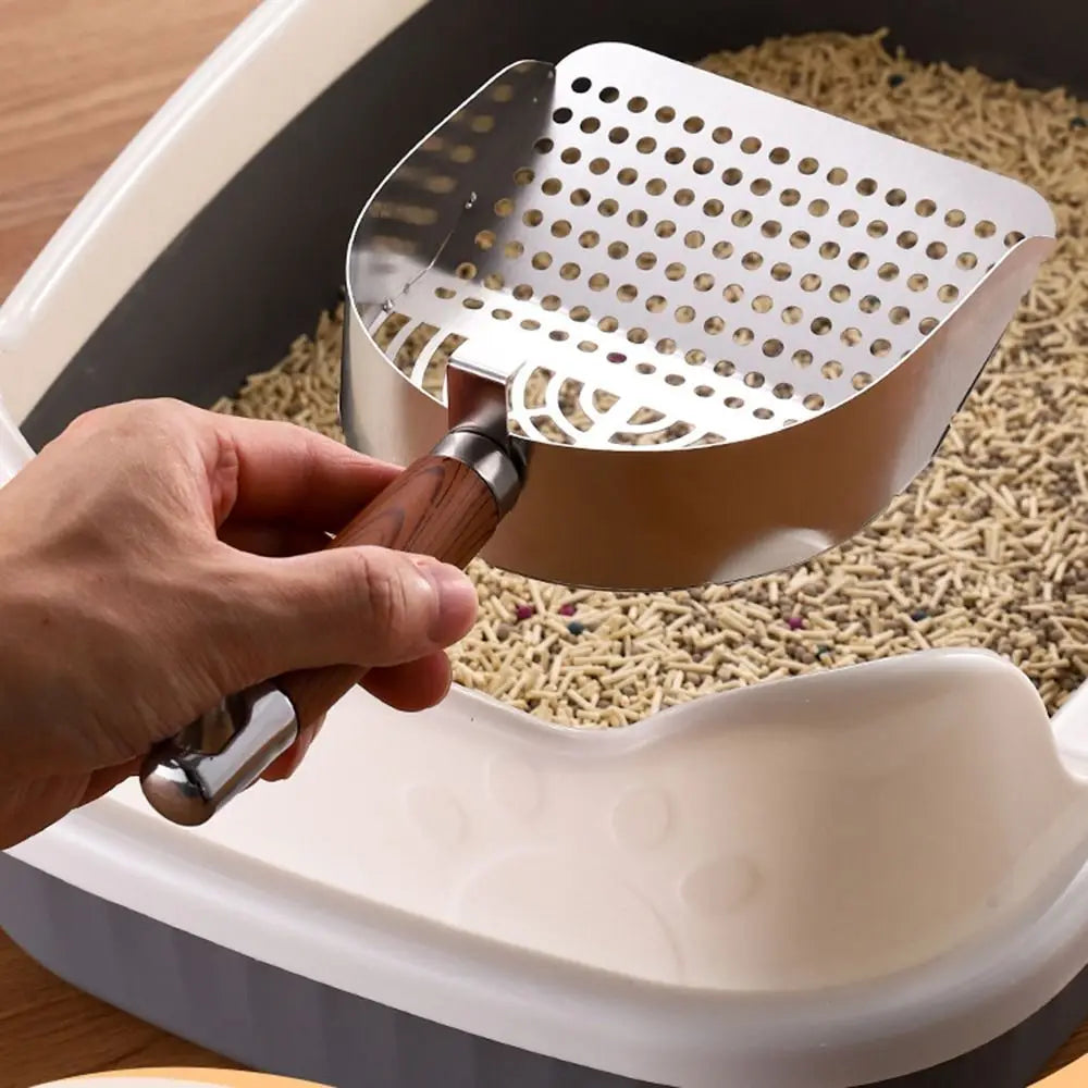 Pelle à litière pour chat en acier inoxydable avec manche bois ergonomique "Main Propre"