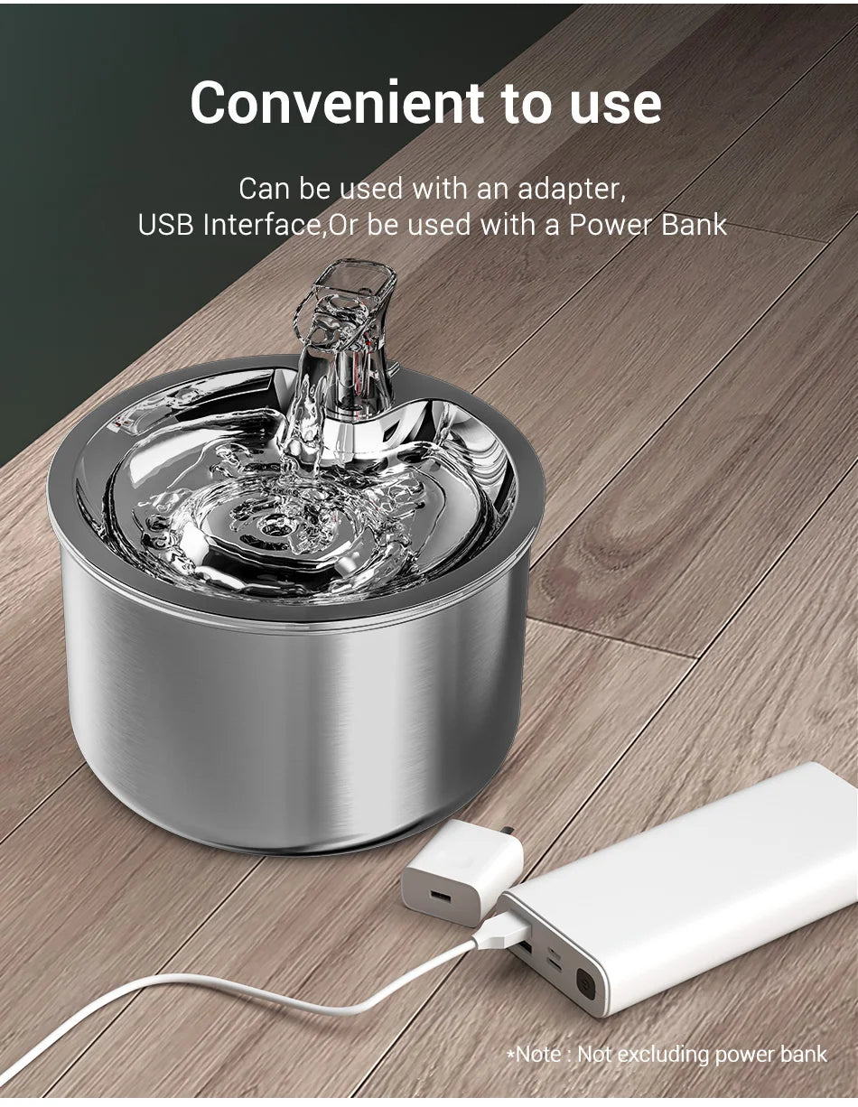 Fontaine d'eau en acier inoxydable, utilise USB ou batterie externe, design élégant et pratique.