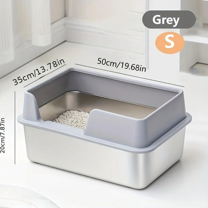 Bac à litière chat en acier inoxydable avec rebords hauts – Modèle "SteelGuard Anti-Projections"