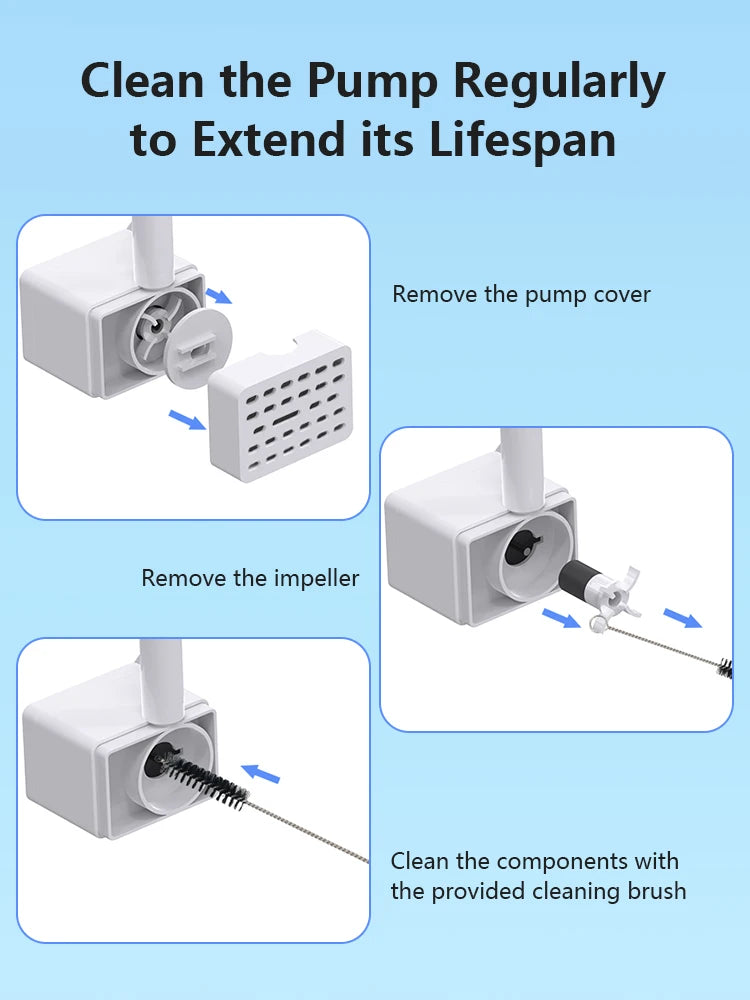 Instructions pour nettoyer une pompe blanche, incluant le démontage et un pinceau de nettoyage.