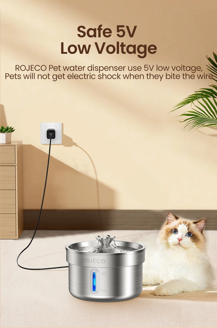 Distributeur d'eau ROJECO pour animaux, en acier inoxydable, à basse tension de 5V, conçu pour la sécurité des animaux.