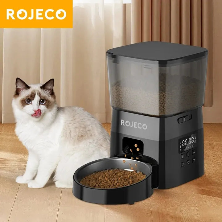 Distributeur automatique de croquettes ROJECO noir, avec bol, idéal pour les chats.