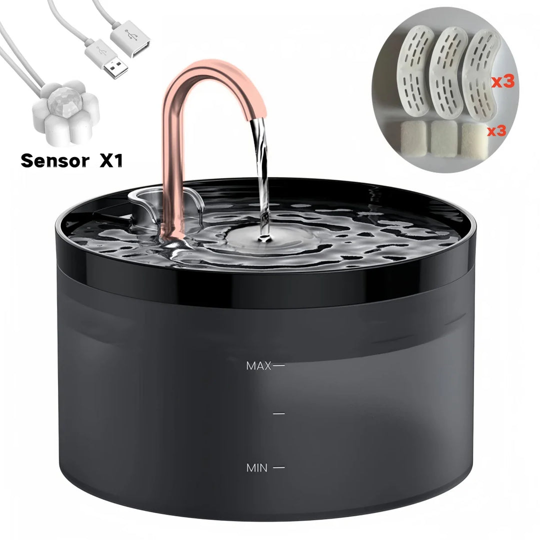 Fontaine à eau pour animaux, noir et cuivre, avec capteur, USB et filtres inclus.