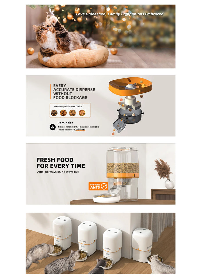 Distributeur de nourriture automatique pour chats, transparent, orange, anti-fourmis, pour croquettes jusqu'à 15mm.