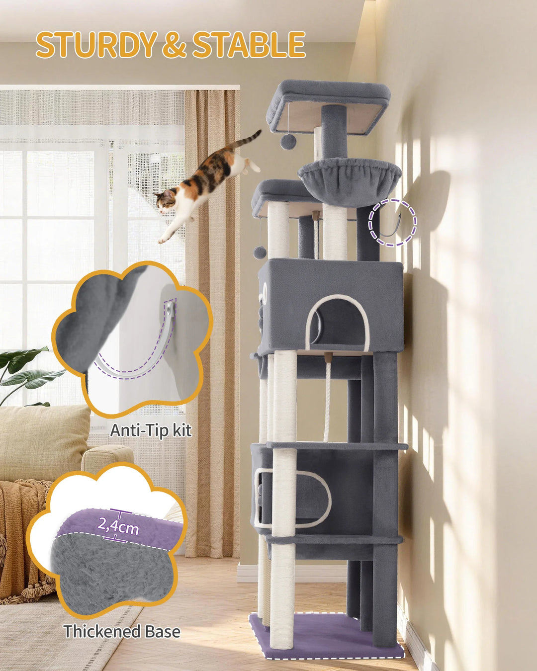 Arbre à chat XXL 213 cm gris foncé pour Maine Coon avec hamacs