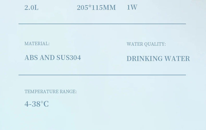 Distributeur d'eau potable 2L en ABS et SUS304, dimensions 205x115mm, température 4-38°C.