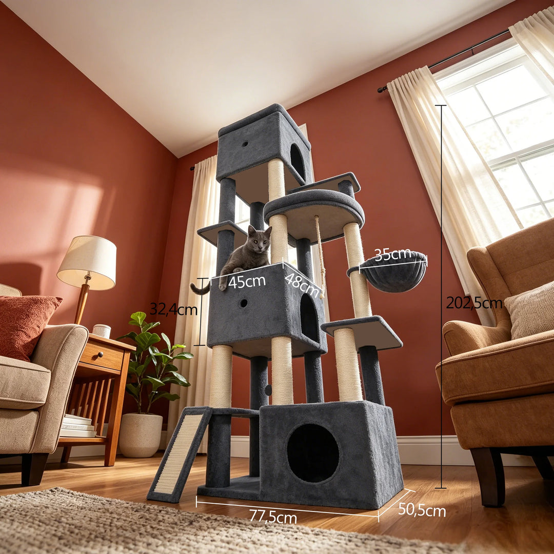 Arbre à chat XXL 202 cm gris foncé avec trois niches et hamac