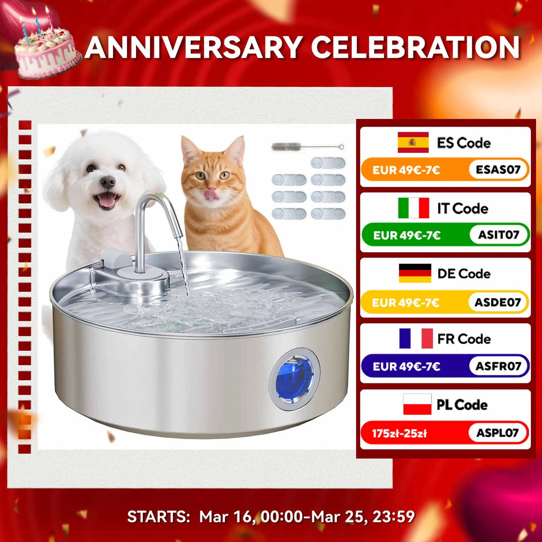 Fontaine à eau en acier inoxydable pour animaux, métal argenté, avec accessoires pour entretien.