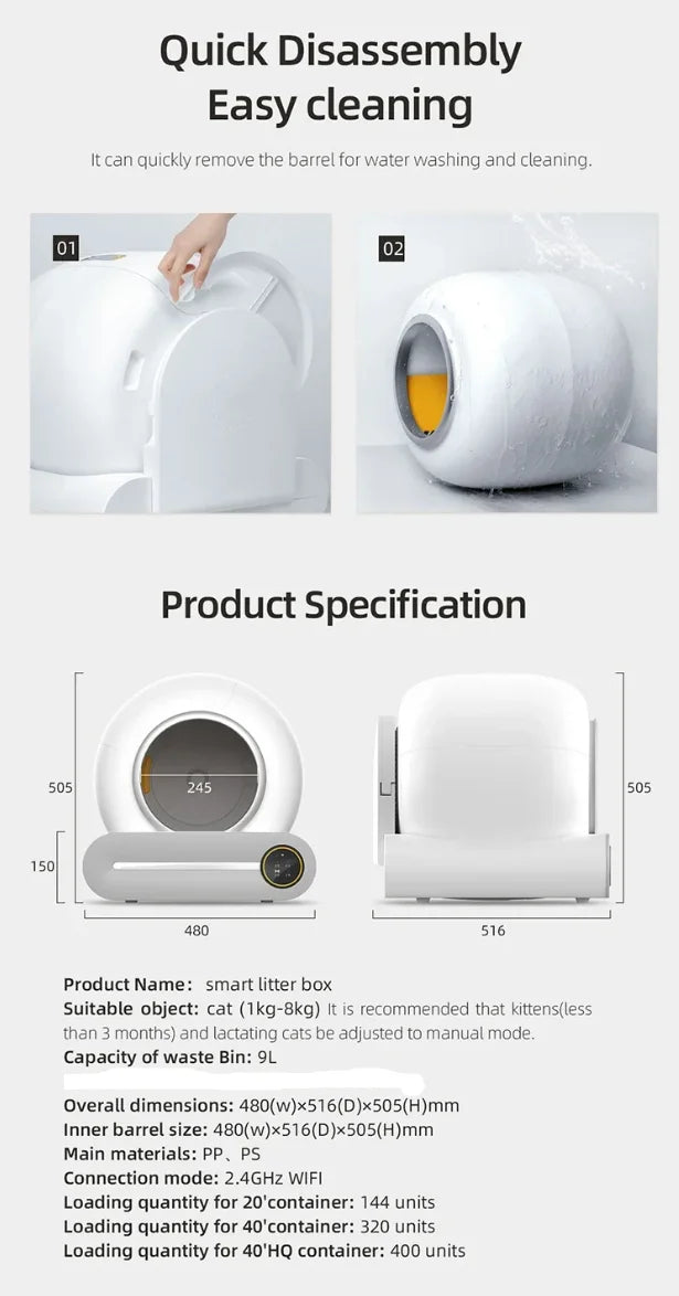 Bac à litière automatique connecté – Modèle "SmartDome 65L Pro"