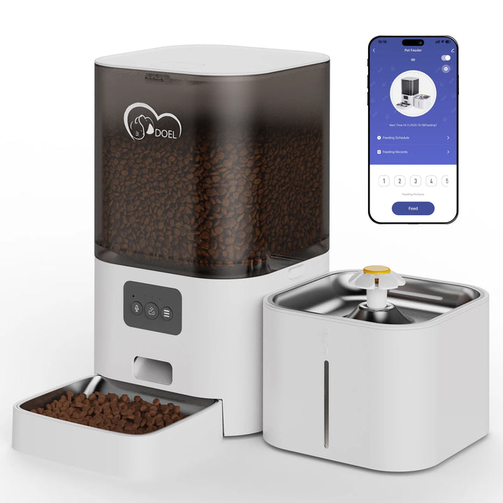 Distributeur automatique de nourriture pour animaux, blanc, avec application mobile, design moderne et fonction programmable.