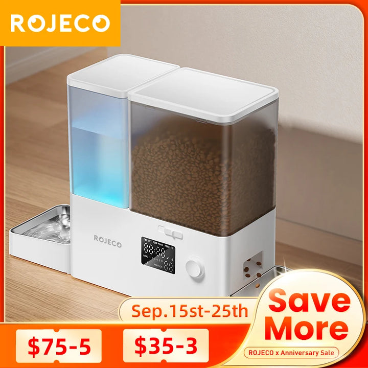 Distributeur automatique ROJECO en plastique blanc, bac transparent pour nourriture et eau, designs moderne.