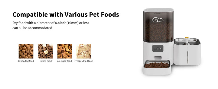 Distributeur automatique blanc pour aliments secs pour animaux, compatible avec croquettes de 0,4 pouce maximum.