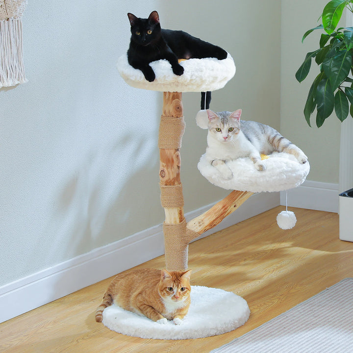 Arbre à chat en bois massif blanc avec couchages en forme de fleur