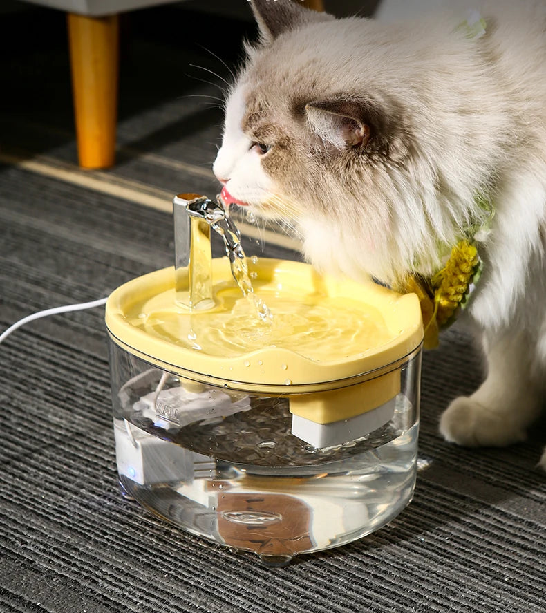 Fontaine à eau pour chat, jaune, en plastique, design moderne, encourage l'hydratation, silencieuse.