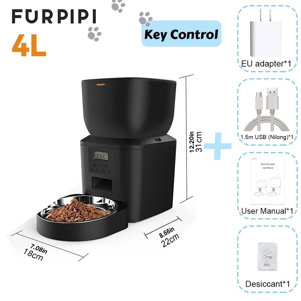 Distributeur automatique de croquettes noir 4L, avec écran digital et accessoires inclus.