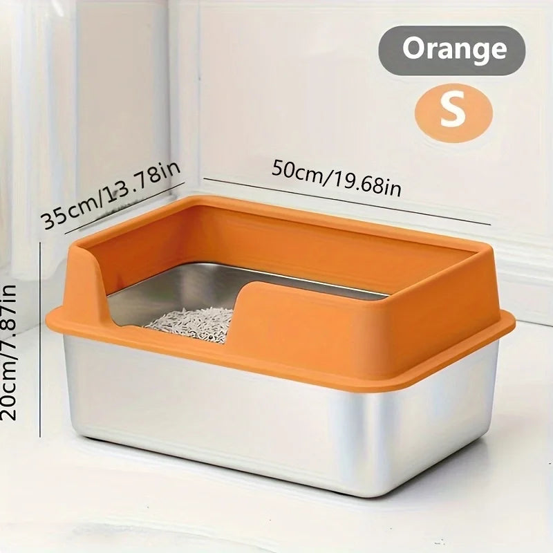 Bac à litière chat en acier inoxydable avec rebords hauts – Modèle "SteelGuard Anti-Projections"