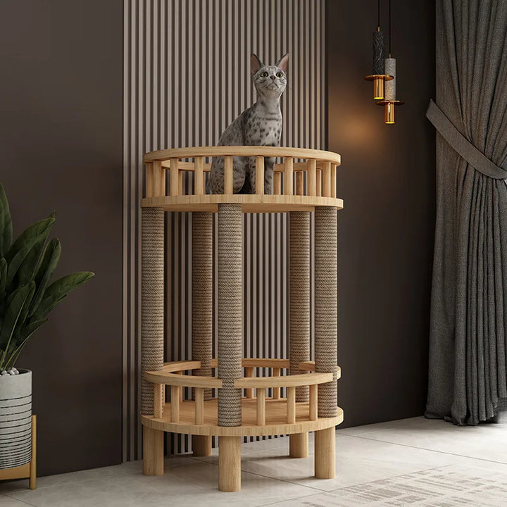 Arbre a chat design en bois - Meuble avec griffoir - Litière intégrée - Rond ouvert