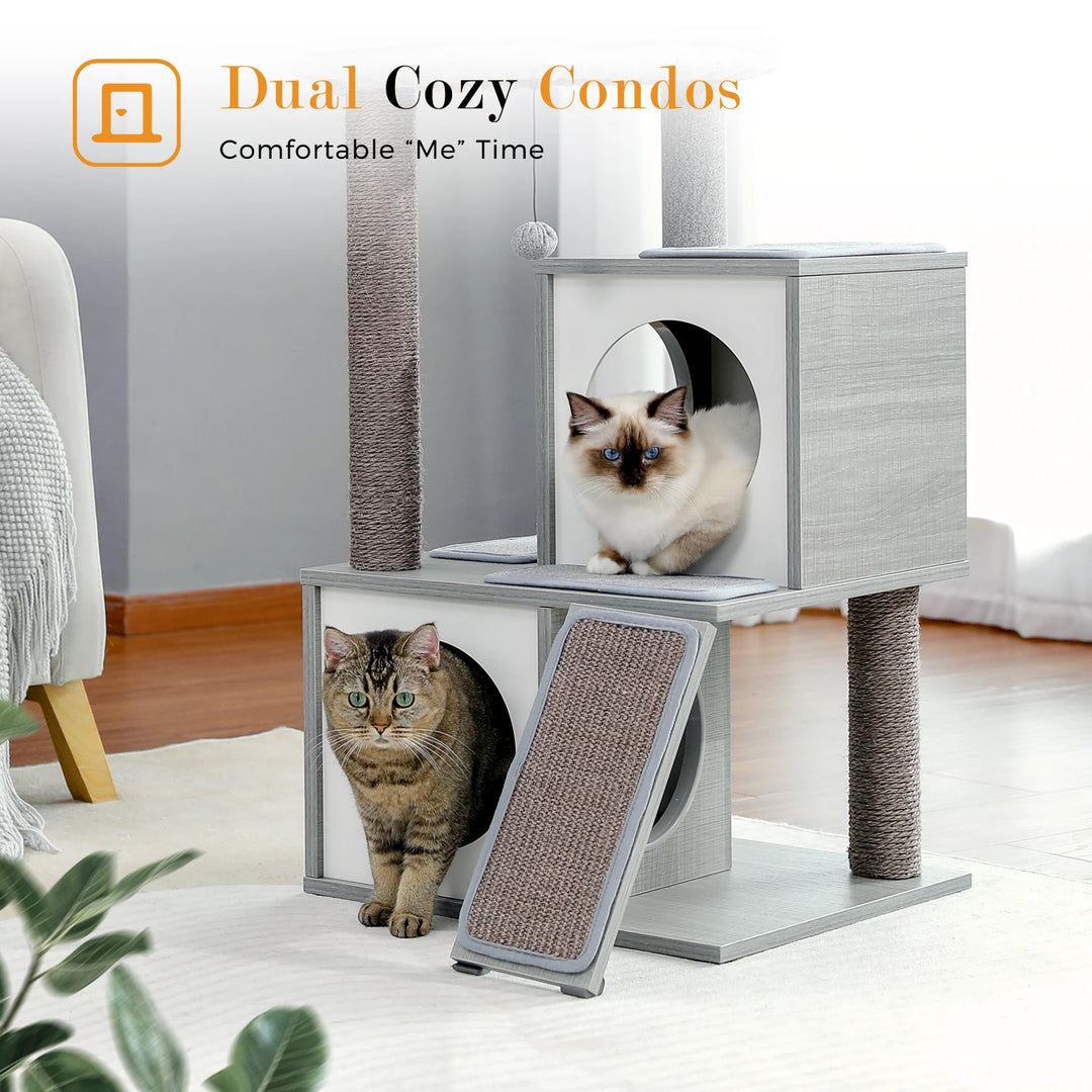 Arbre à chat 89 cm en bois gris avec niches rondes et rampe griffoir