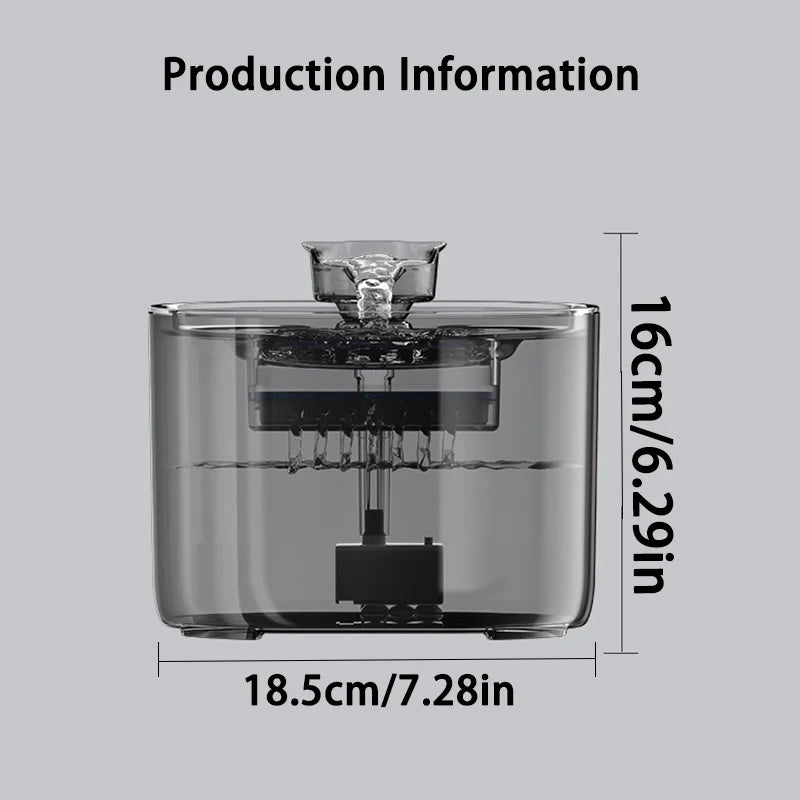 Fontaine à eau en plastique transparent, 16cm de haut, 18.5cm de large, pour animaux de compagnie.