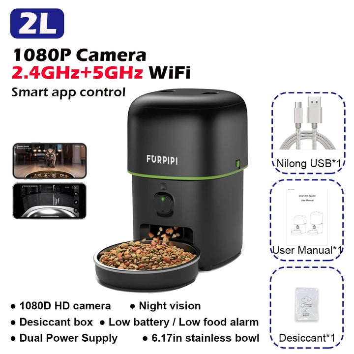 Distributeur automatique d'aliments pour animaux, caméra 1080P, WiFi 2.4GHz+5GHz, bol en acier inoxydable 6.17in.
