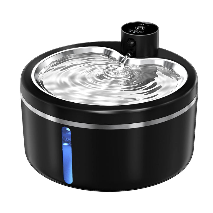 Fontaine à eau pour animaux noire en inox, design moderne, lumière LED intégrée, silencieuse et durable