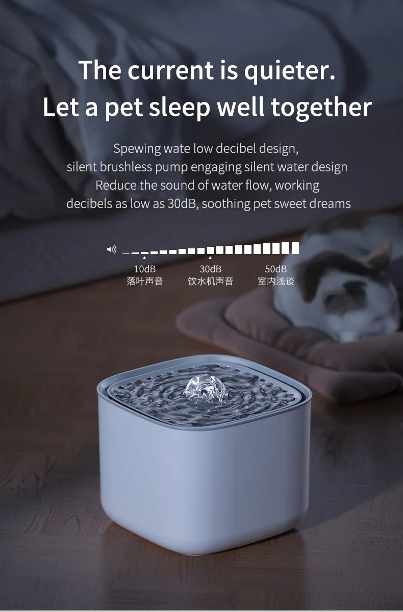 Fontaine silencieuse pour animaux, design compact, faible bruit (30dB), apaisante pour le sommeil des pets.
