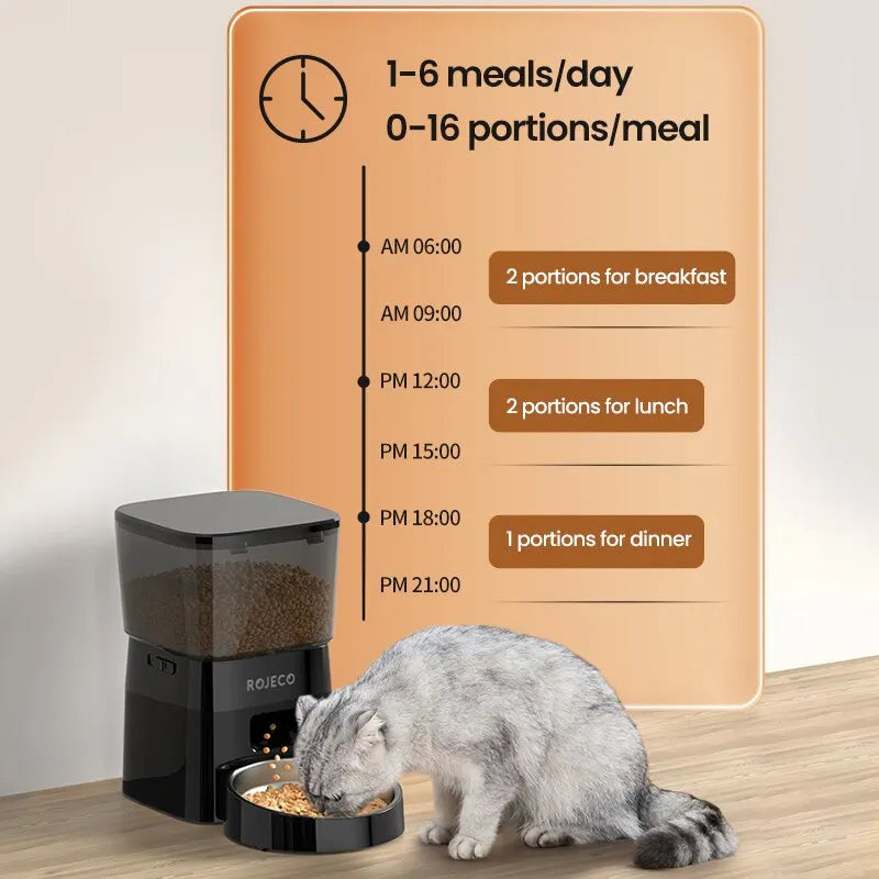 Distributeur automatique de nourriture pour chat, noir, pour 1-6 repas par jour, dosage réglable.