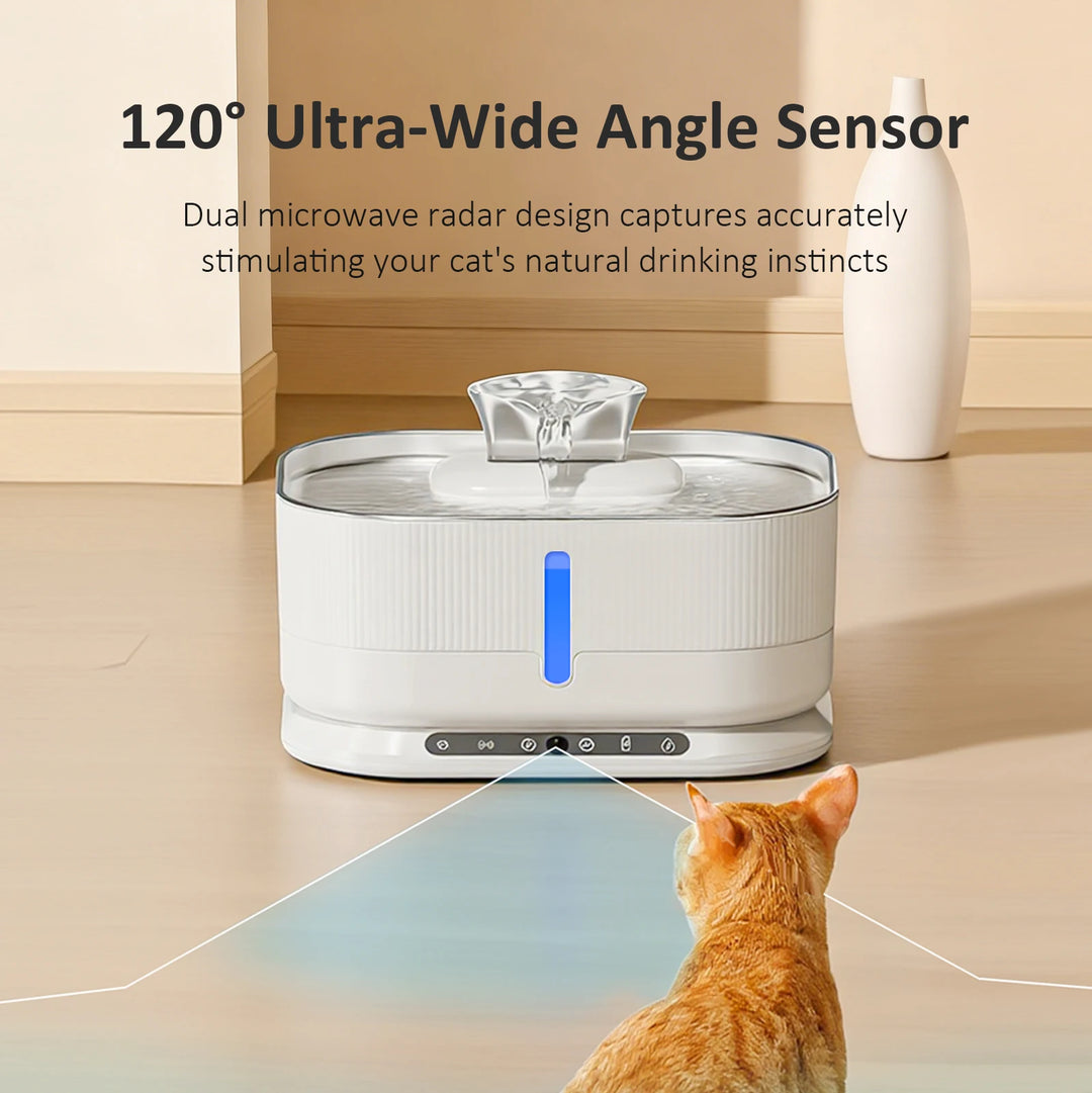 Fontaine pour chat en plastique blanc, capteur à 120° stimulant l'instinct de boisson naturel.