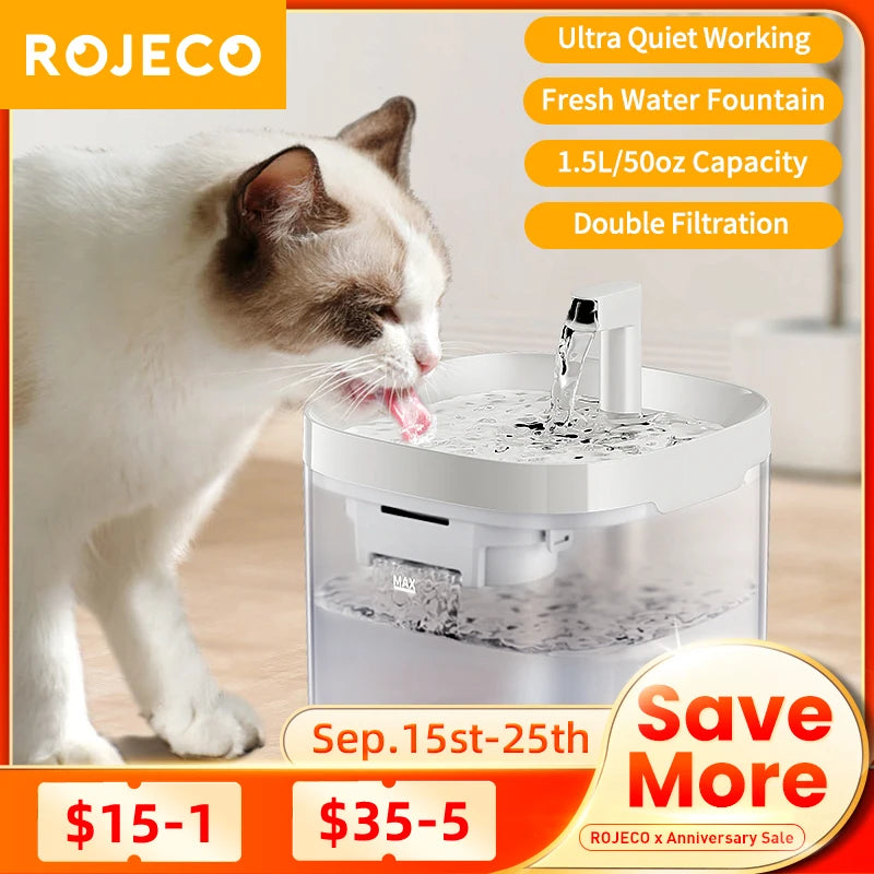 Fontaine à eau pour animaux Rojeco, 1,5 L, silencieuse, avec double filtration et design moderne.