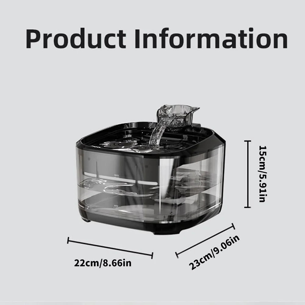 Fontaine à eau pour animaux, noire, en plastique transparent, dimensions 22x23x15 cm.