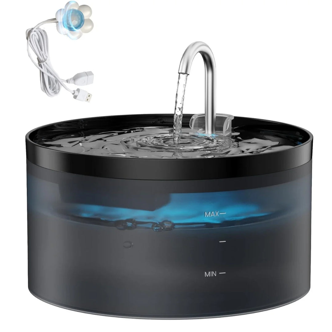 Fontaine à eau moderne en plastique noir, avec éclairage LED et tuyau en acier inoxydable.
