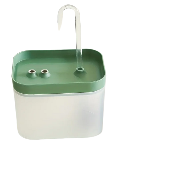 Bouteau d'arrosage en plastique clair, couvercle vert, design innovant avec tuyau flexible.