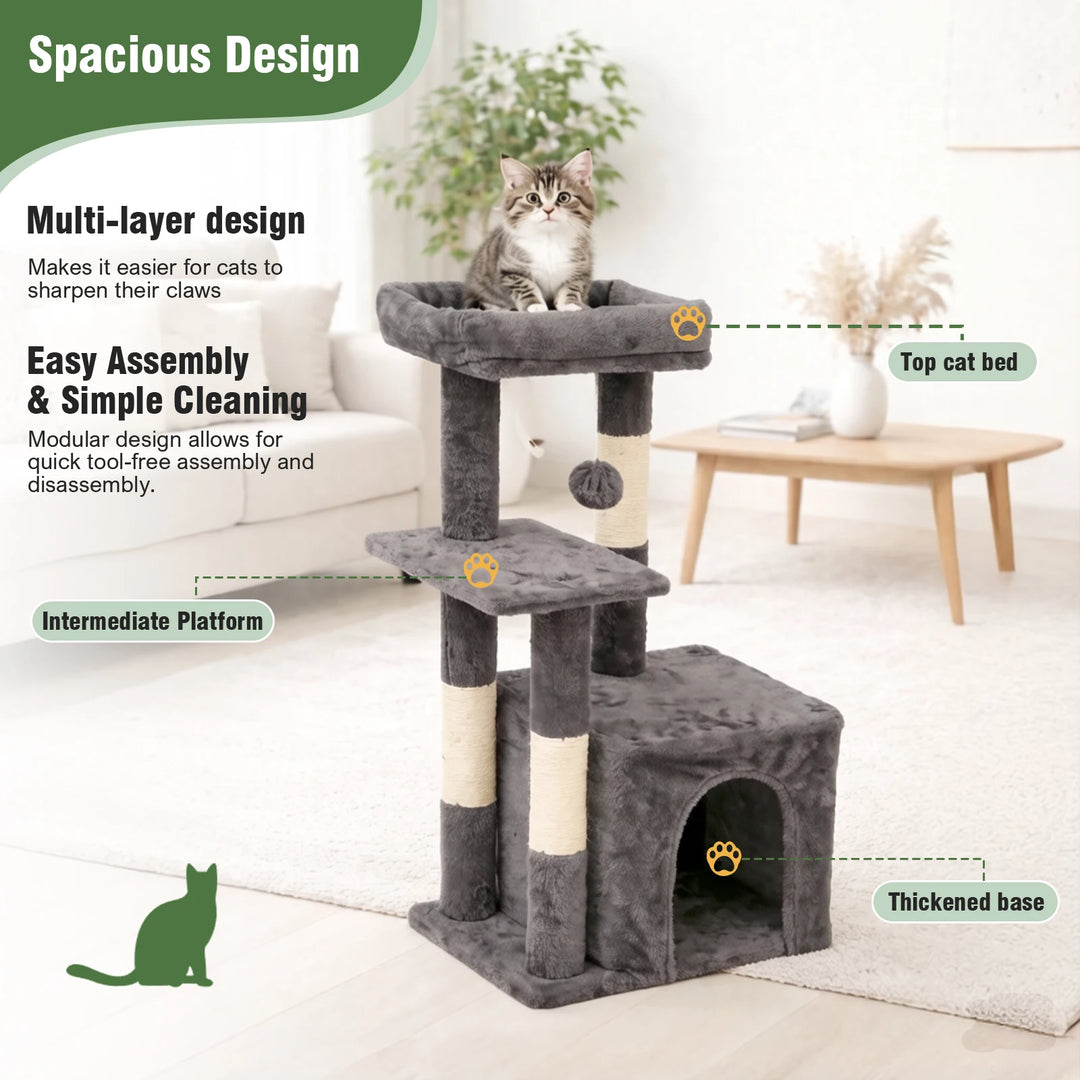 Arbre à chat compact 80 cm gris avec double niche et griffoirs