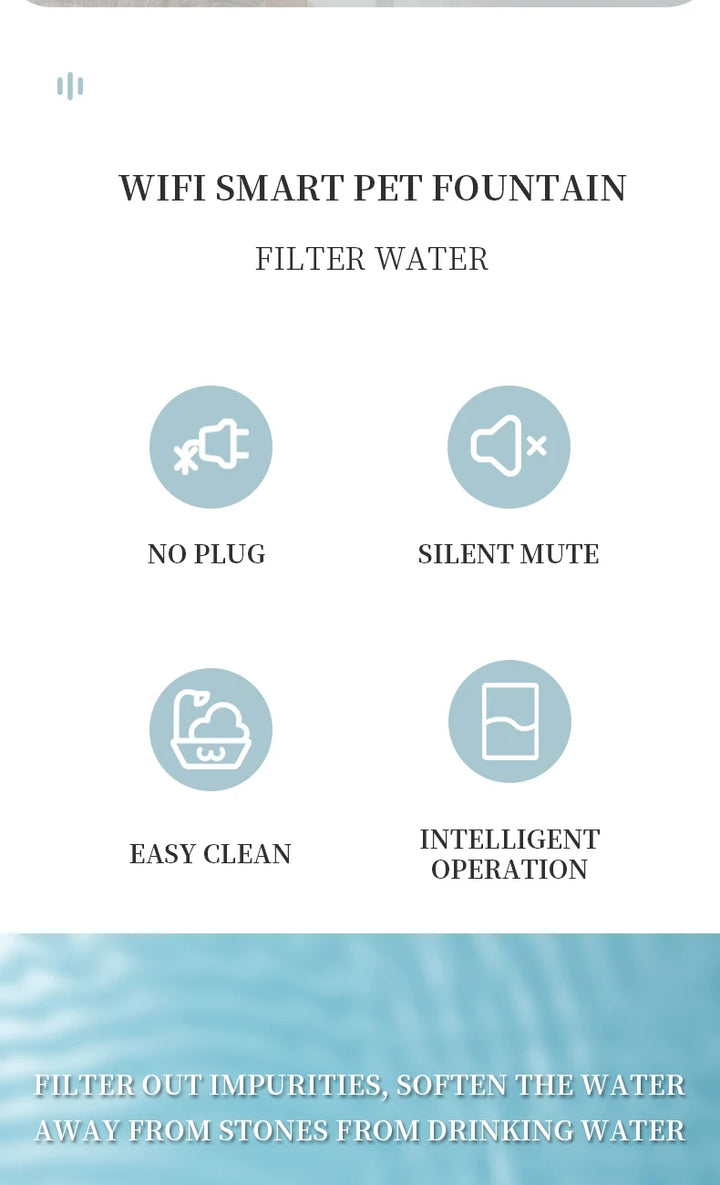 Fontaine pour animaux intelligente WiFi, filtres l'eau, sans prise, nettoyage facile, fonctionnement silencieux.