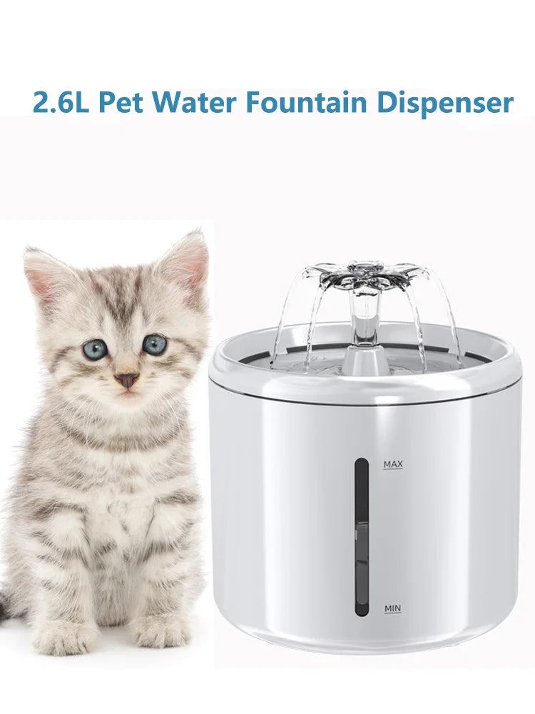 Fontaine à eau pour animaux 2,6L, design élégant, en plastique, débit d'eau réglable.
