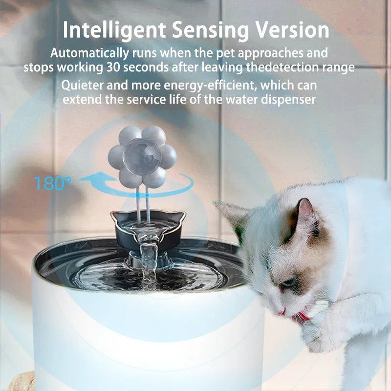 Fontaine à eau intelligente pour animaux, blanche, avec détection automatique et fonctionnement silencieux.