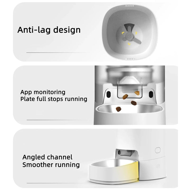 Distributeur automatique d'aliments pour animaux, design anti-lag, suivi via app, canal incliné pour un fonctionnement fluide.