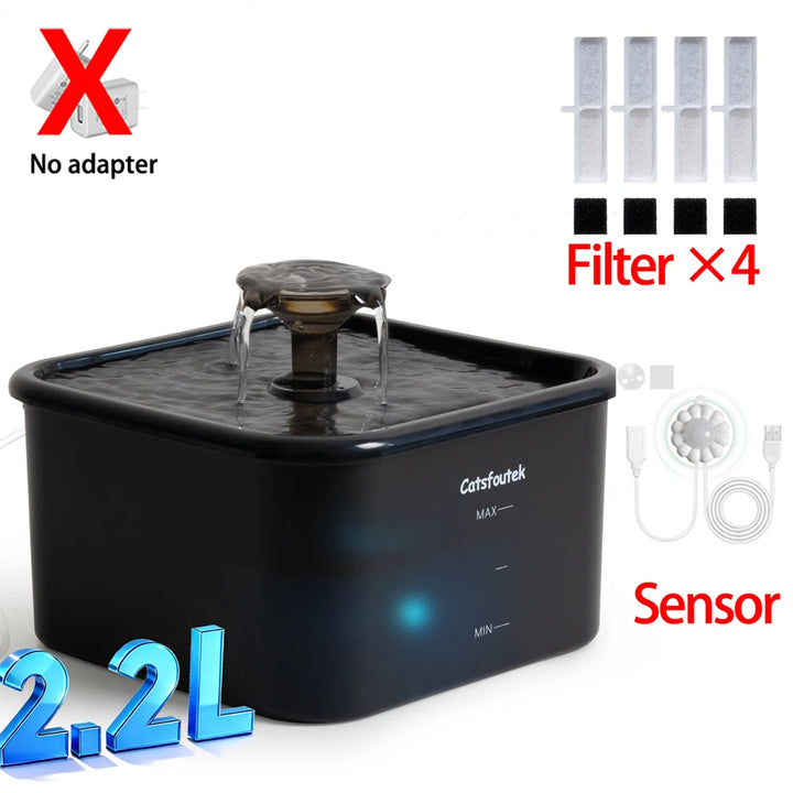 Fontaine d'eau pour animaux Catsfoutek 2.2L noire, avec capteur et 4 filtres inclus