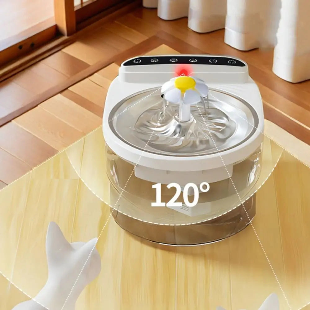 Distributeur d'eau pour animaux, blanc, design moderne, avec fonction d'arrosage à 120°, idéal pour les chats.