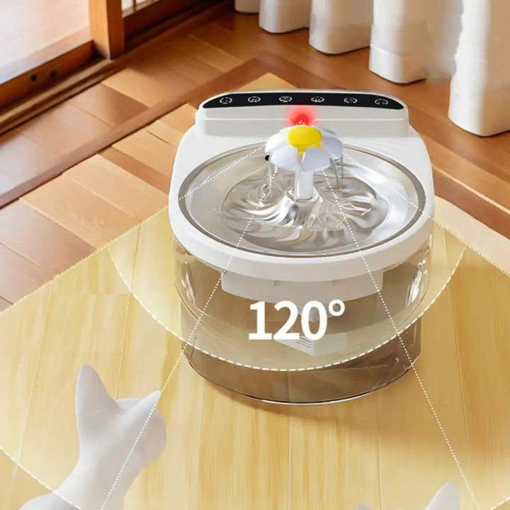 Distributeur d'eau pour animaux, blanc, design moderne, avec fonction d'arrosage à 120°, idéal pour les chats.