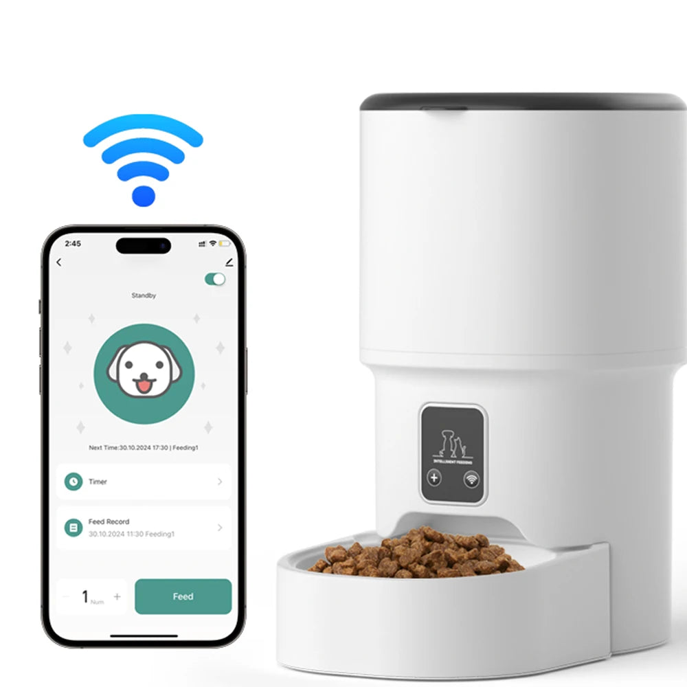 Distributeur automatique de nourriture pour chiens blanc avec application mobile, connectivité Wi-Fi et minuterie.